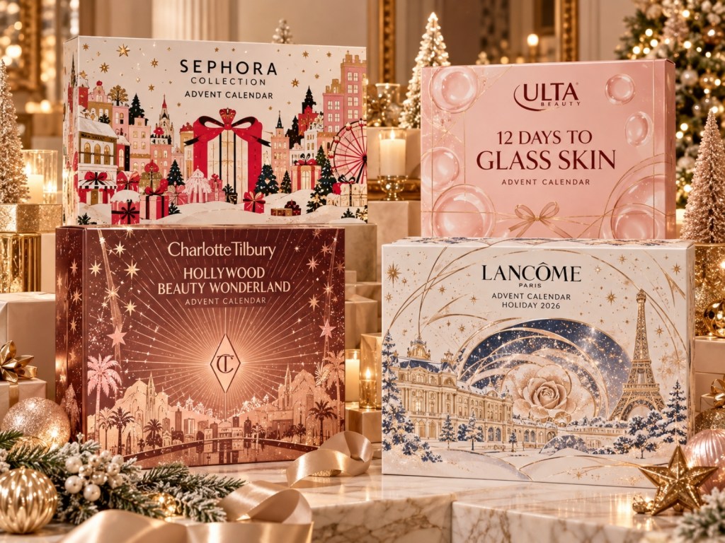 Illustration of Sephora Collection, Ulta Beauty 12 Days to Glass Skin, Charlotte Tilbury and Lancôme advent calendars stacked with holiday candles and ornaments