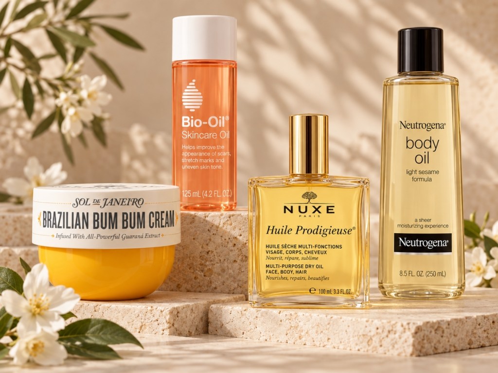 Sol de Janeiro Brazilian Bum Bum Cream, Bio-Oil Skincare Oil, NUXE Huile Prodigieuse and Neutrogena Body Oil on stone steps with white flowers