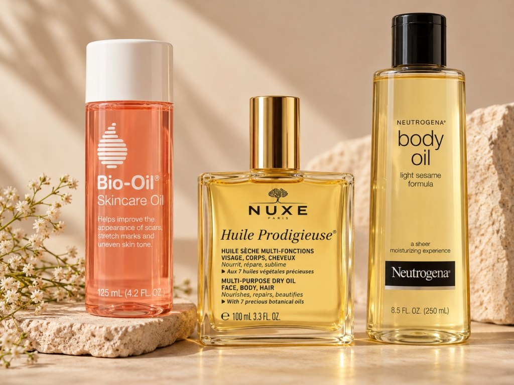 Bio-Oil Skincare Oil, NUXE Huile Prodigieuse dry oil and Neutrogena Body Oil Light Sesame Formula bottles in warm sunlight