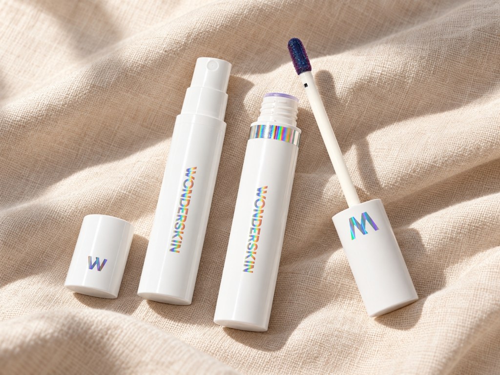Wonderskin Wonder Blading Lip Stain with its blue applicator and Activator spray on a cream linen background