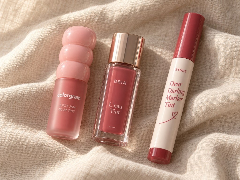 Colorgram Juicy Jam Blur Tint, BBIA L’eau Tint and Etude Dear Darling Marker Tint on a cream linen background