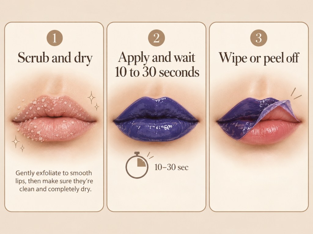 Three-step guide to using Wonderskin lip stain: scrub and dry your lips, apply and wait 10 to 30 seconds, then wipe or peel it off