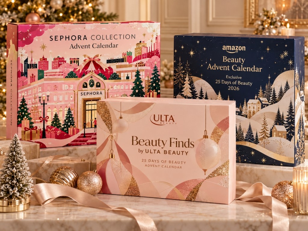 Illustration of Sephora Collection, Ulta Beauty 25 Days of Beauty and Amazon Beauty advent calendars on a marble table with holiday decorations