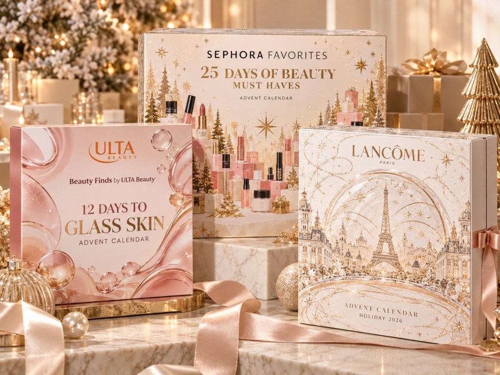 Illustration of Ulta Beauty 12 Days to Glass Skin, Sephora Favorites 25 Days of Beauty Must Haves and Lancôme advent calendars with pink satin ribbon