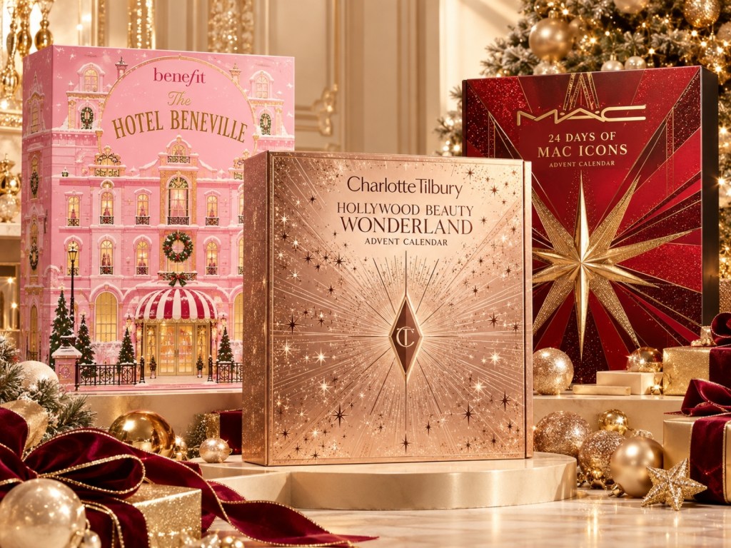 Illustration of Benefit The Hotel Beneville, Charlotte Tilbury Hollywood Beauty Wonderland and MAC 24 Days of MAC Icons advent calendars with gold ornaments and red velvet ribbon