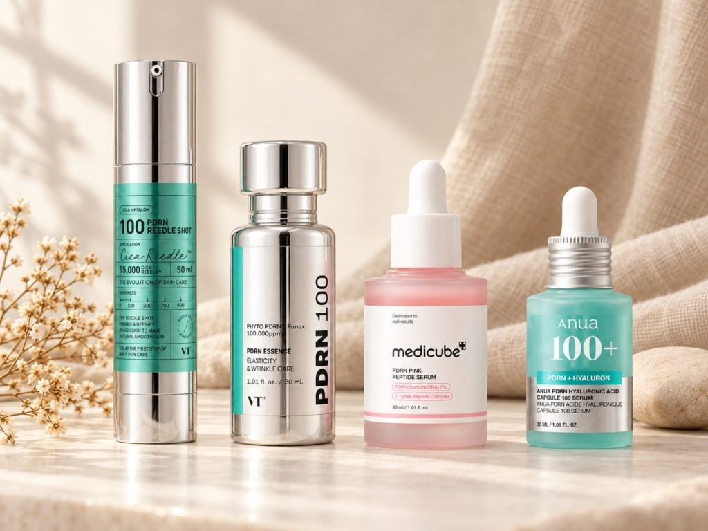 Four PDRN serums in a row on a cream linen background: VT PDRN Reedle Shot 100, VT PDRN Essence 100, Medicube PDRN Pink Peptide Serum and Anua PDRN Hyaluronic Acid Capsule 100 Serum
