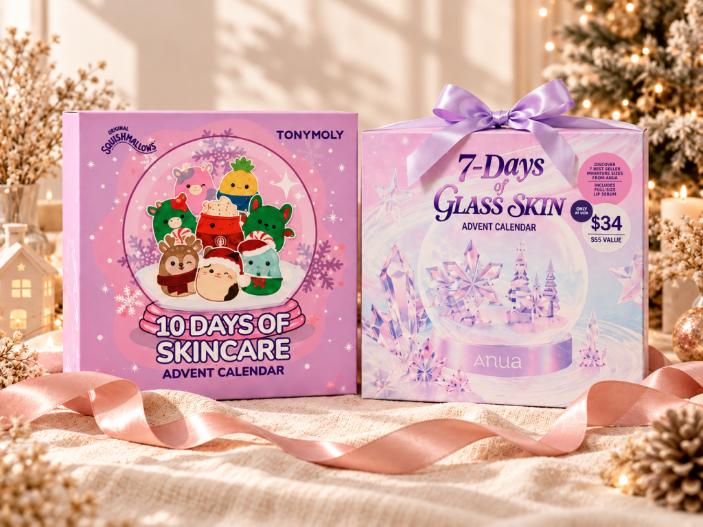 TONYMOLY x Squishmallows 10 Days of Skincare advent calendar next to the ANUA 7-Days of Glass Skin advent calendar with a pink ribbon