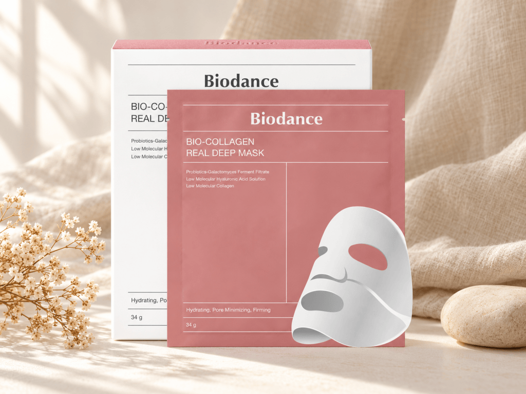Biodance Bio-Collagen Real Deep Mask box and pouch on an oat linen background