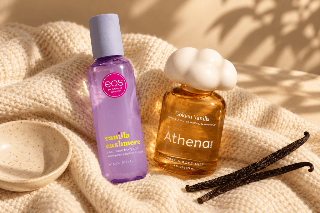 eos Vanilla Cashmere Body Mist and Athena Club Golden Vanilla Hair & Body Mist on a cream knit sweater with vanilla pods.