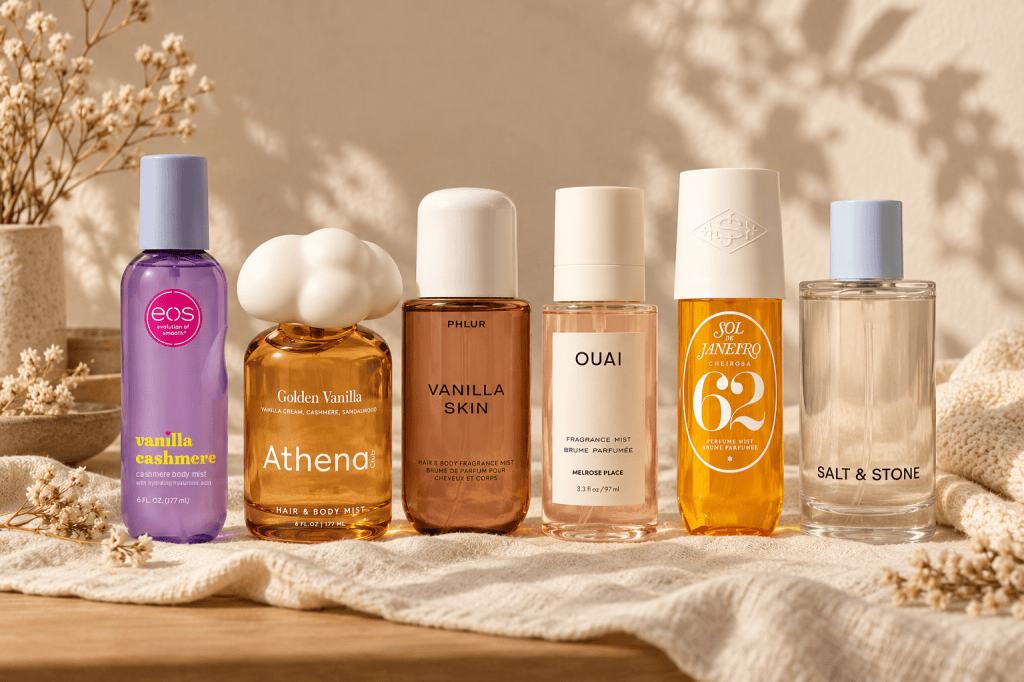 Six body mists in a row on a cream linen cloth: eos Vanilla Cashmere, Athena Club Golden Vanilla, PHLUR Vanilla Skin, OUAI Melrose Place, Sol de Janeiro Cheirosa 62 and Salt & Stone.