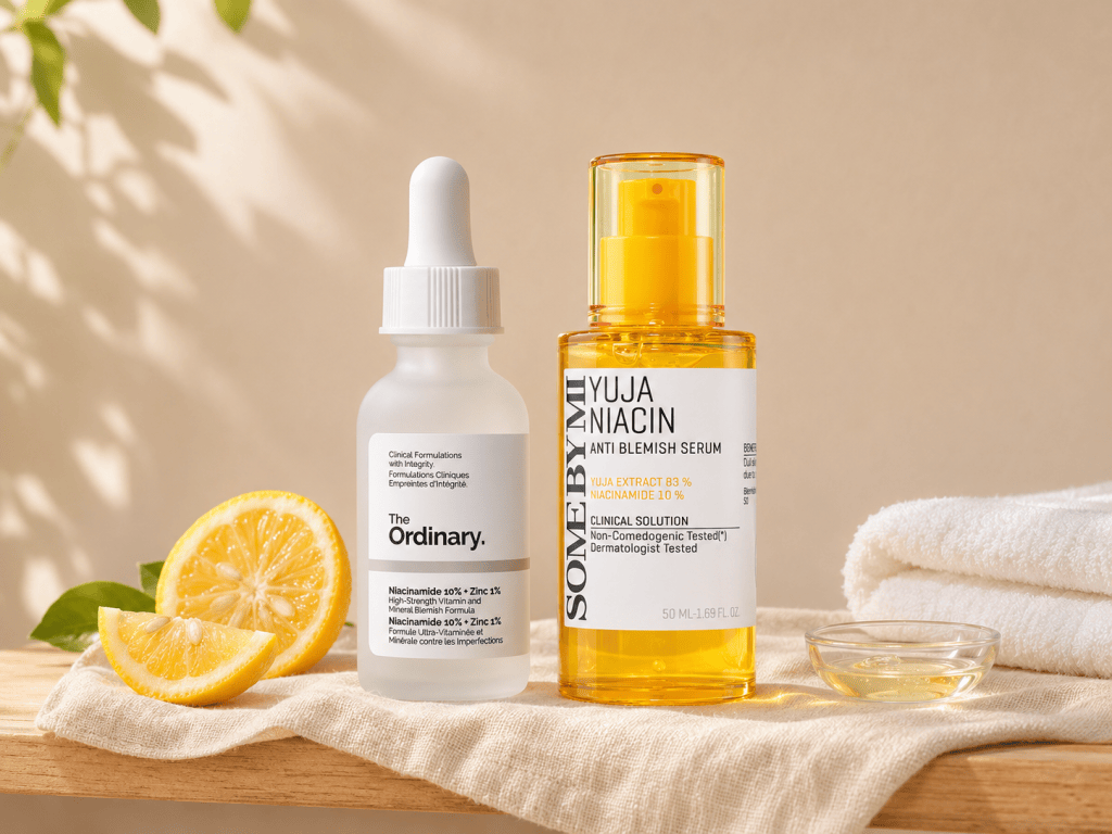 The Ordinary Niacinamide 10% + Zinc 1% and SOME BY MI Yuja Niacin Anti Blemish Serum on a cream linen cloth with fresh citrus slices and a folded white towel.