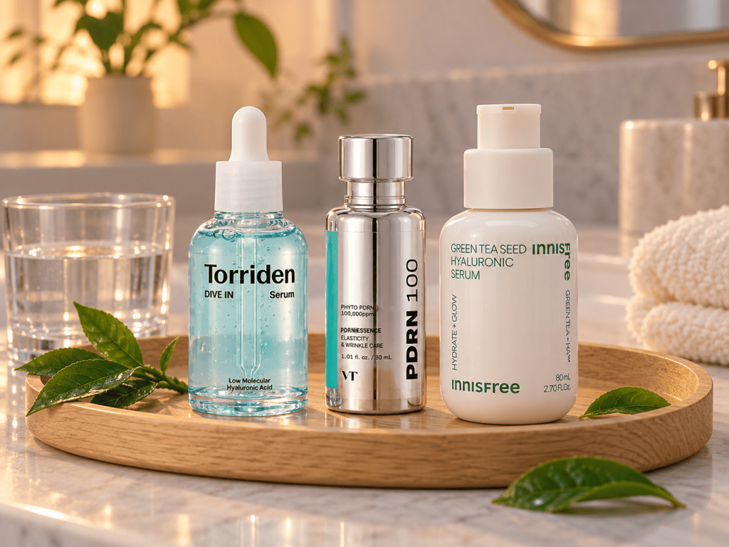 Torriden DIVE-IN serum, VT PDRN Essence 100 and innisfree Green Tea Seed Hyaluronic Serum on a wooden tray with green tea leaves