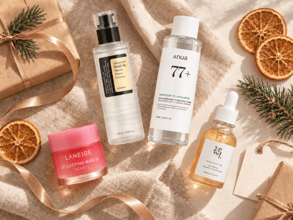 Holiday flat-lay of Laneige Lip Sleeping Mask, COSRX Snail 96 Mucin Essence, Anua Heartleaf 77 Toner and Beauty of Joseon Glow Serum with ribbon, dried oranges and pine