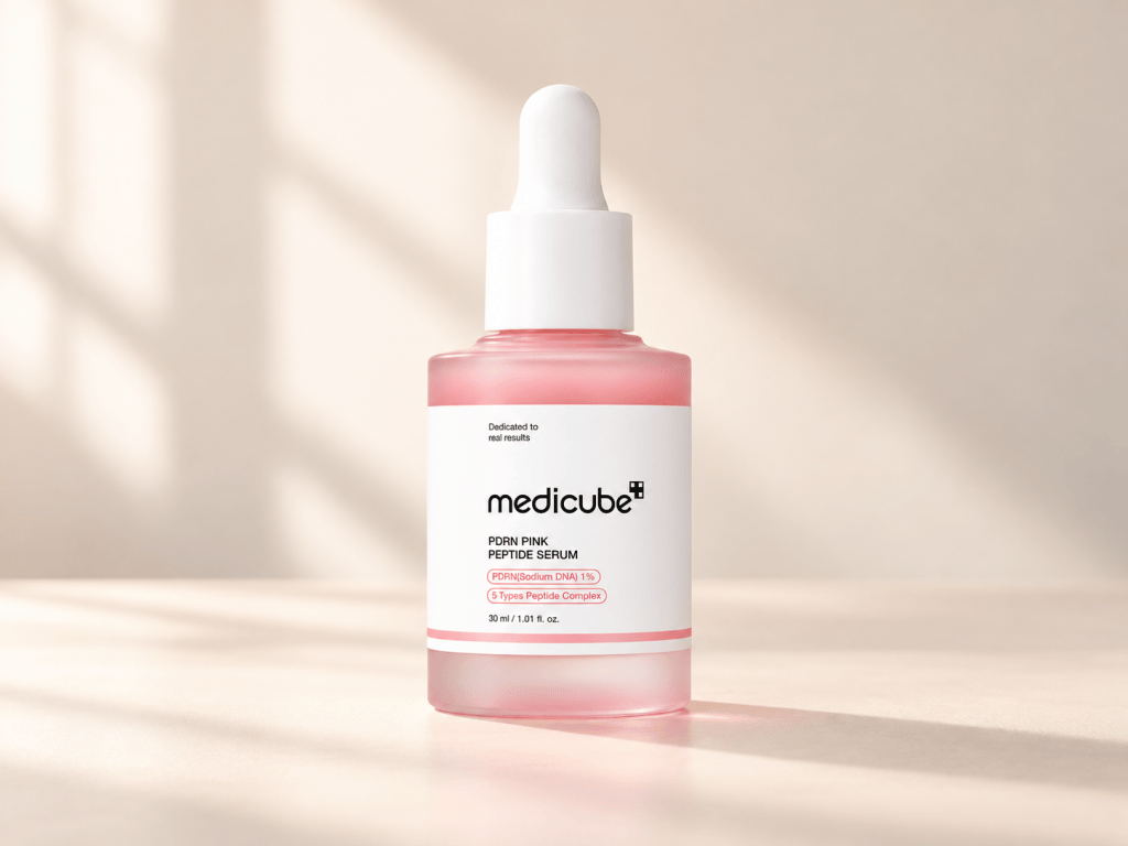 Medicube PDRN Pink Peptide Serum, a pink dropper bottle with a white label, on a soft beige background