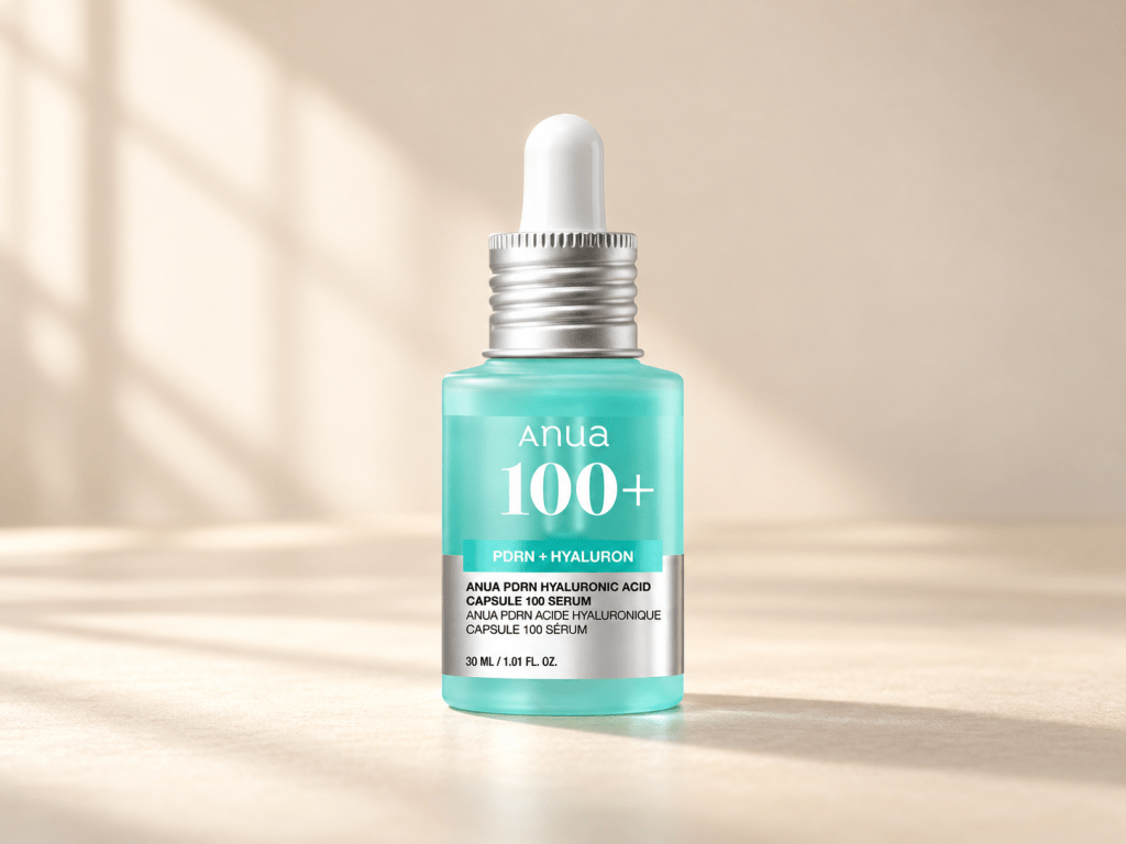 Anua PDRN Hyaluronic Acid Capsule 100 Serum, an aqua dropper bottle, on a soft beige background with sunlight shadows