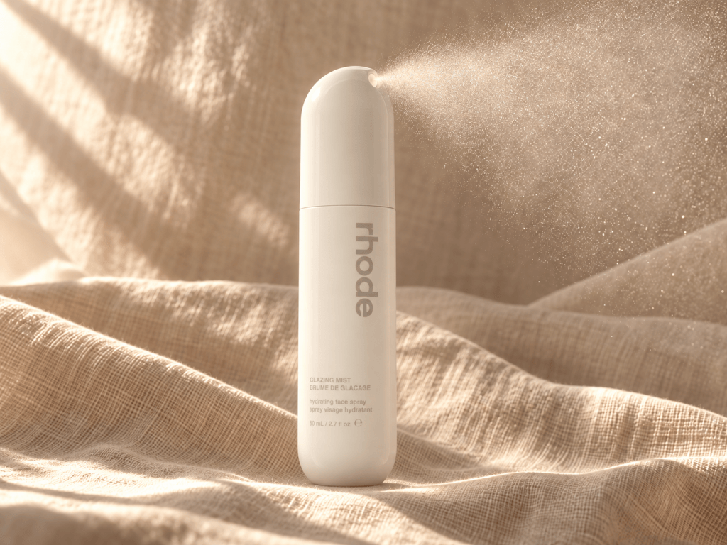 Rhode Glazing Mist in an off-white bottle releasing a fine mist on a cream linen background in warm sunlight