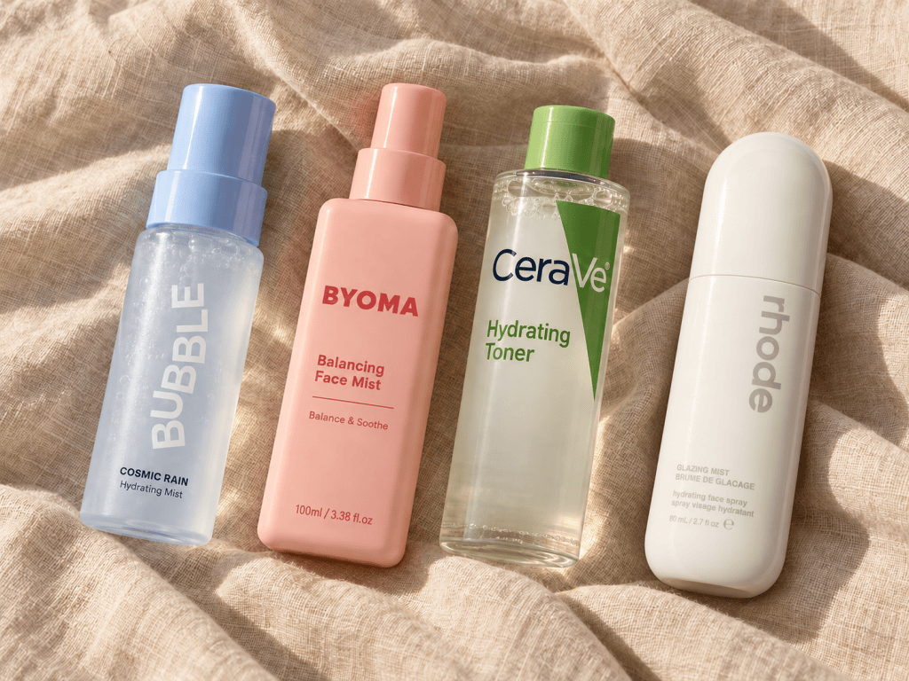 Bubble Cosmic Rain Hydrating Mist, BYOMA Balancing Face Mist, CeraVe Hydrating Toner and Rhode Glazing Mist lying on cream linen