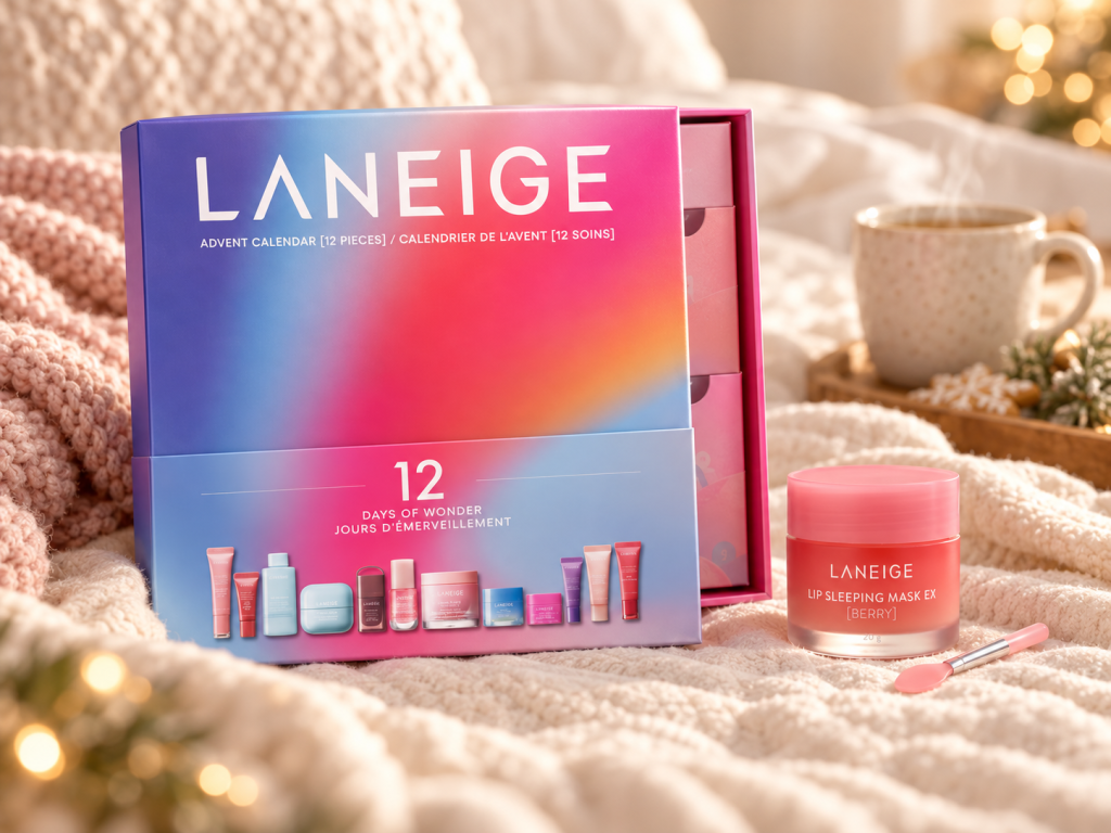 LANEIGE 12 Days of Wonder advent calendar partly open on a cream blanket beside a LANEIGE Lip Sleeping Mask in Berry