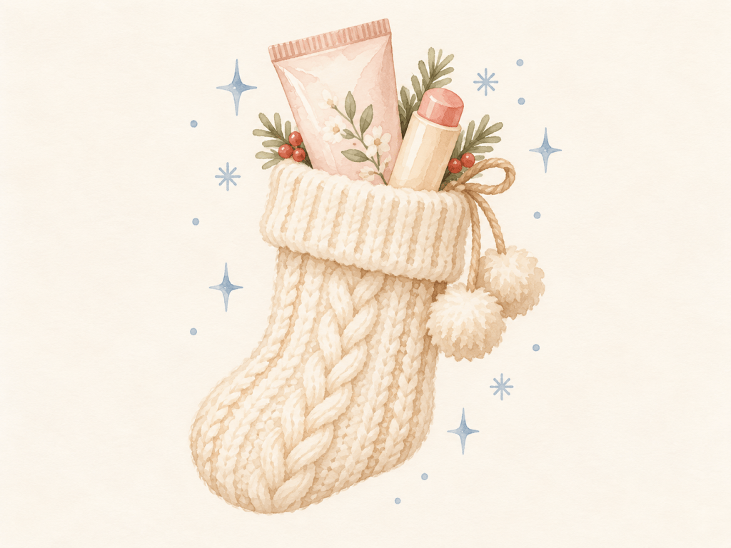Watercolor illustration of a cream knit stocking holding a hand cream and a lip balm