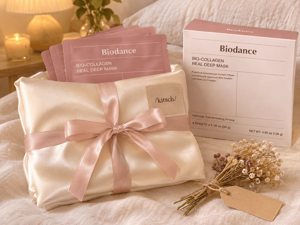 Ivory Kitsch satin pillowcase tied with a pink ribbon, with Biodance Bio-Collagen Real Deep Mask sheets tucked inside and the Biodance box beside it