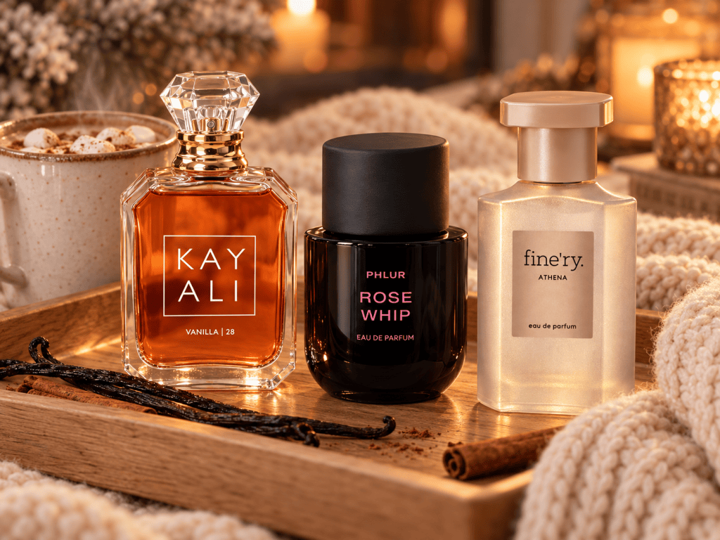 Kayali Vanilla 28, Phlur Rose Whip and fine’ry Athena perfume bottles on a wooden tray with vanilla pods, cinnamon sticks and hot cocoa