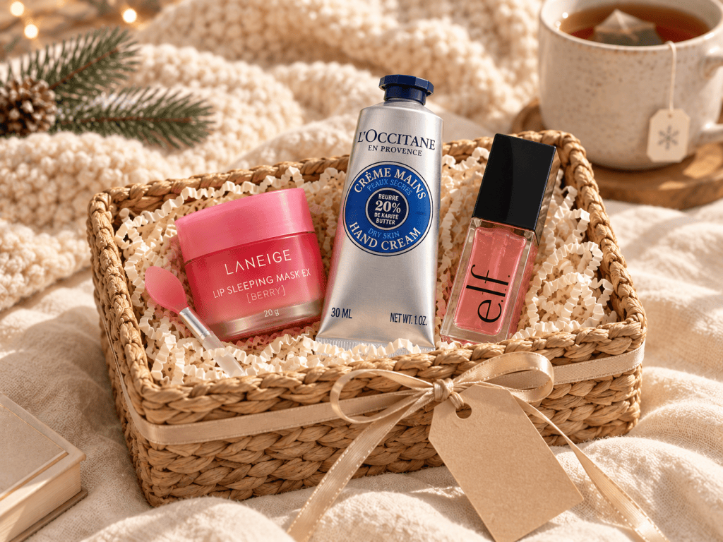 Laneige Lip Sleeping Mask in Berry, L’Occitane Shea Butter Hand Cream and e.l.f. Glow Reviver Lip Oil in a woven gift basket on a cozy knit blanket