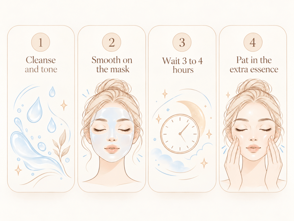 Four-step guide: cleanse and tone, smooth on the mask, wait 3 to 4 hours, pat in the extra essence