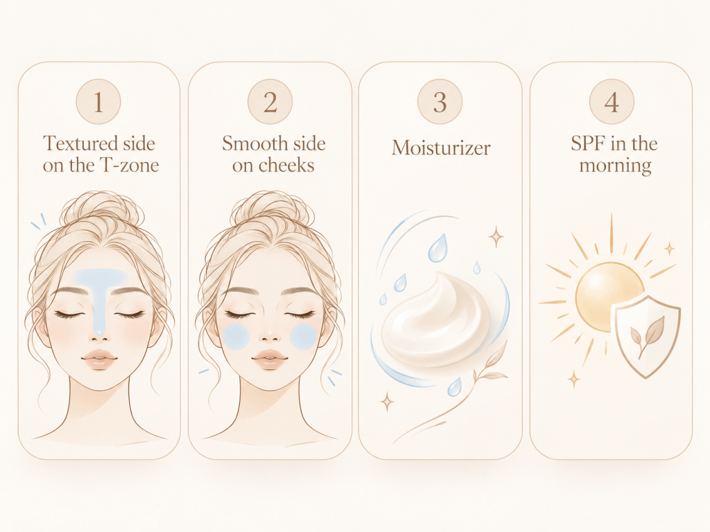 Four-step guide: textured side on the T-zone, smooth side on cheeks, moisturizer, then SPF in the morning