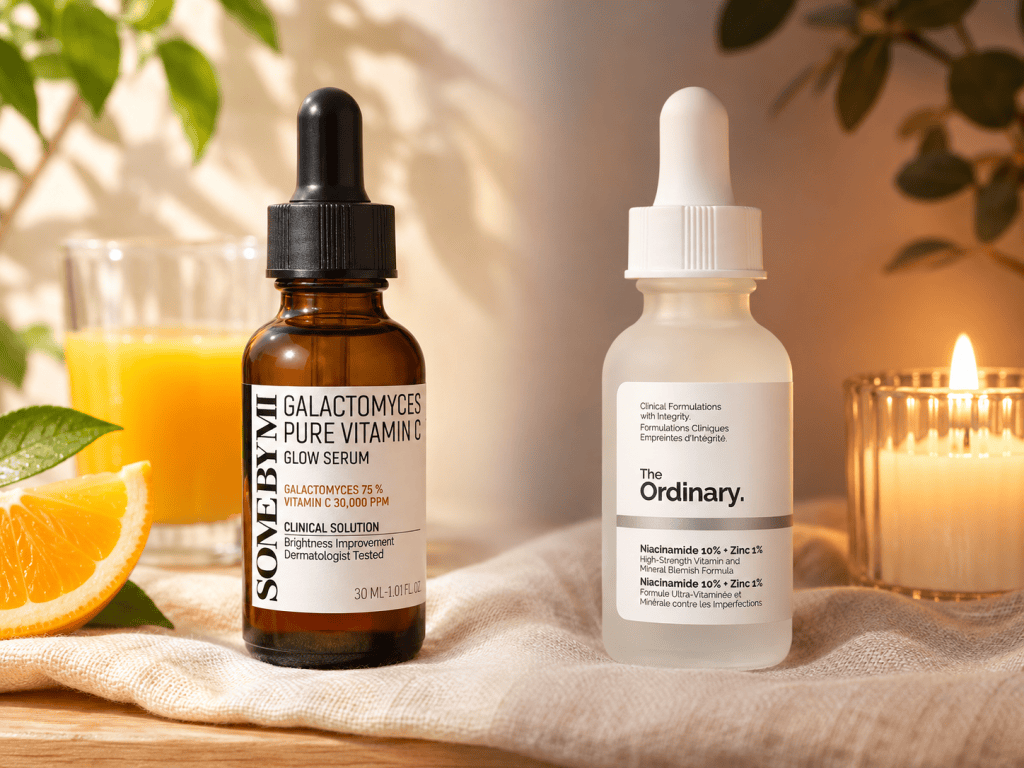 SOME BY MI Galactomyces Pure Vitamin C Glow Serum in morning light next to a glass of orange juice, and The Ordinary Niacinamide 10% + Zinc 1% beside a lit candle.