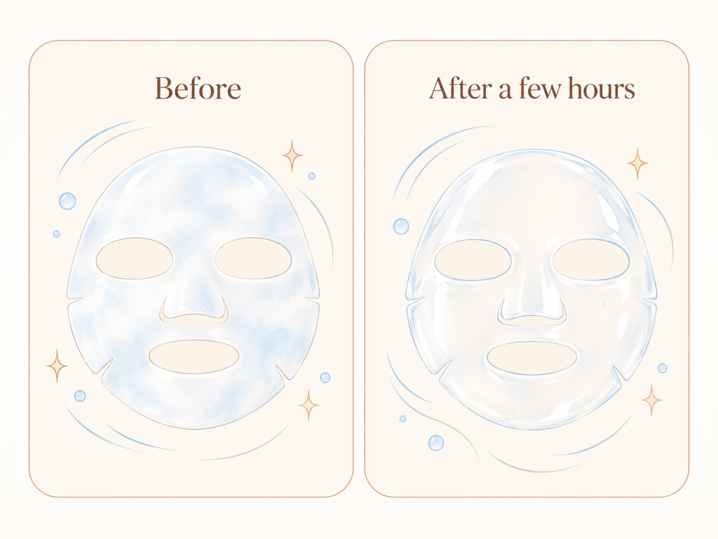 Illustration of the Biodance hydrogel mask turning from cloudy to clear after a few hours