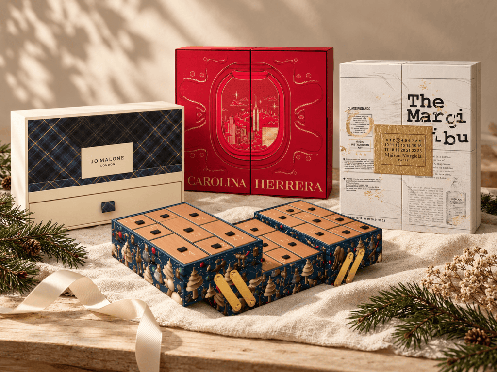 Four perfume advent calendars on a cream linen cloth with pine sprigs: Jo Malone London, Carolina Herrera 24 Days of Beauty, Maison Margiela REPLICA and the unfolded Diptyque calendar.