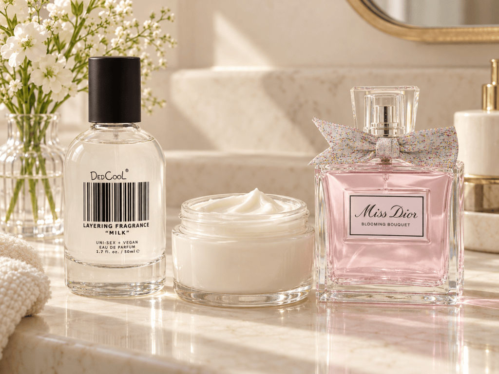 DedCool Milk and Miss Dior Blooming Bouquet perfume bottles on a bathroom vanity with an open jar of body cream