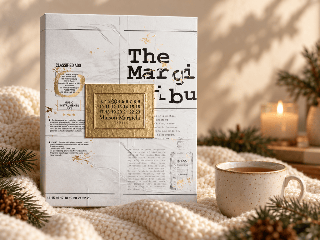 The Maison Margiela REPLICA advent calendar on a cream knit blanket with a cup of tea, pine sprigs and a lit candle.