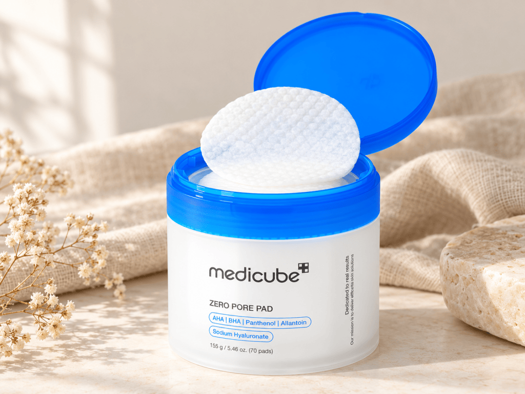 Open jar of Medicube Zero Pore Pads with a textured toner pad resting on top