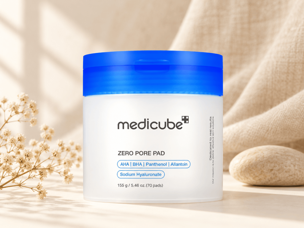 Medicube Zero Pore Pads jar on an oat linen background with dried flowers
