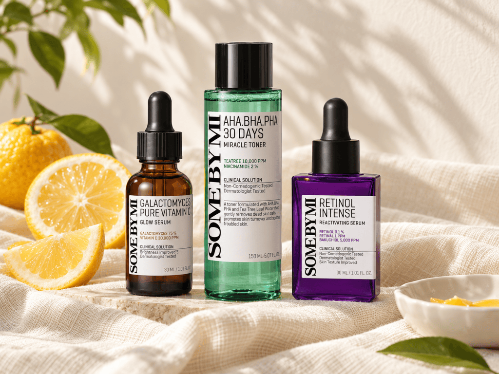 SOME BY MI Galactomyces Pure Vitamin C Glow Serum, AHA BHA PHA 30 Days Miracle Toner and Retinol Intense Reactivating Serum on cream linen with yuzu slices