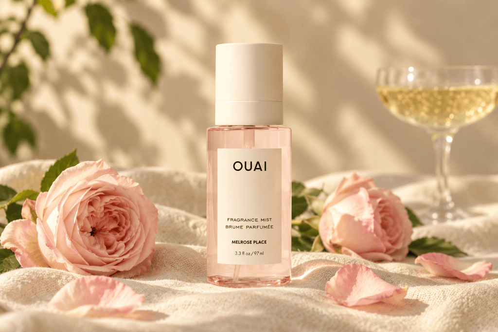 OUAI Melrose Place Hair & Body Mist on a cream linen cloth with pink garden roses, rose petals and a glass of champagne.