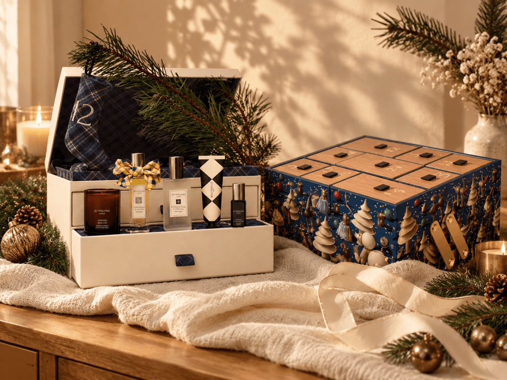 The Jo Malone London advent calendar open to show a Ginger Biscuit candle, Tangerine & Honey cologne, English Pear & Freesia body mist and a hand cream, next to the Diptyque advent calendar.