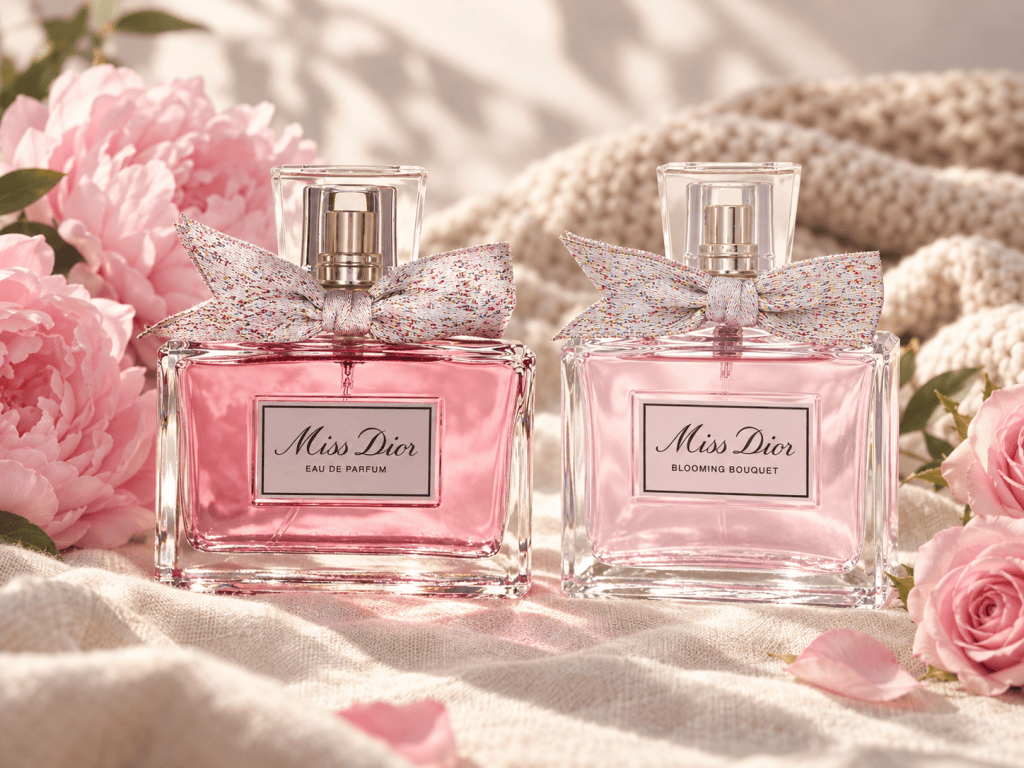 Miss Dior Eau de Parfum and Miss Dior Blooming Bouquet bottles side by side on cream linen with pink peonies and roses