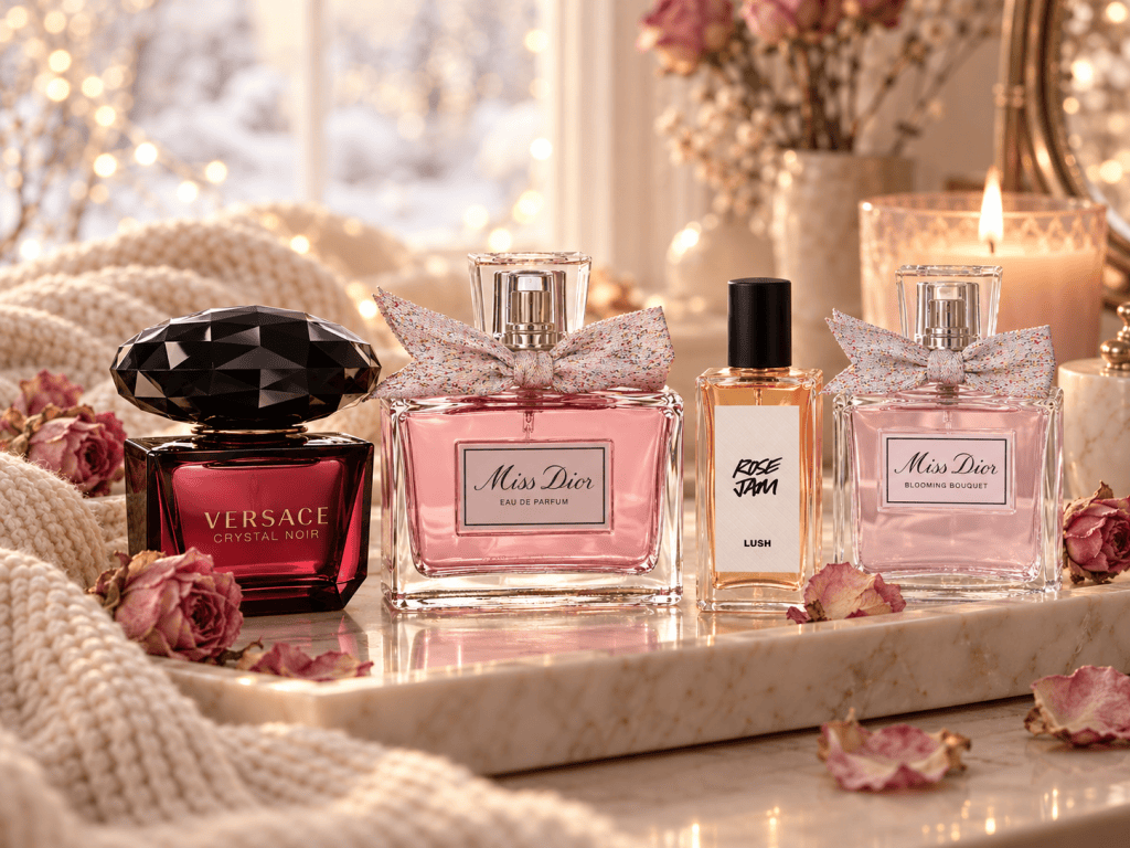 Versace Crystal Noir, Miss Dior Eau de Parfum, Lush Rose Jam and Miss Dior Blooming Bouquet perfume bottles on a marble tray with dried roses and a cream knit blanket
