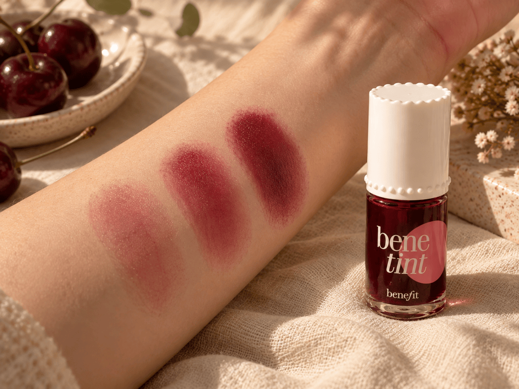 Three swatches of Benefit Benetint Dark Cherry on an inner forearm, from sheer to built-up, with the bottle beside them