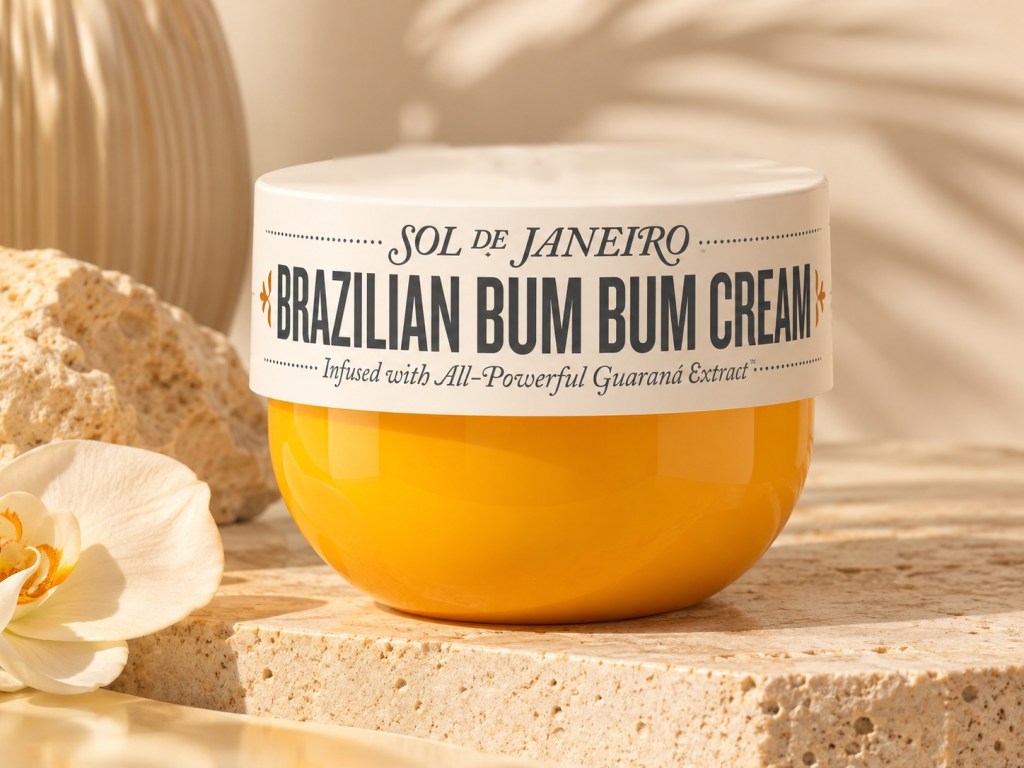 Sol de Janeiro Brazilian Bum Bum Cream jar on a stone block next to a white orchid