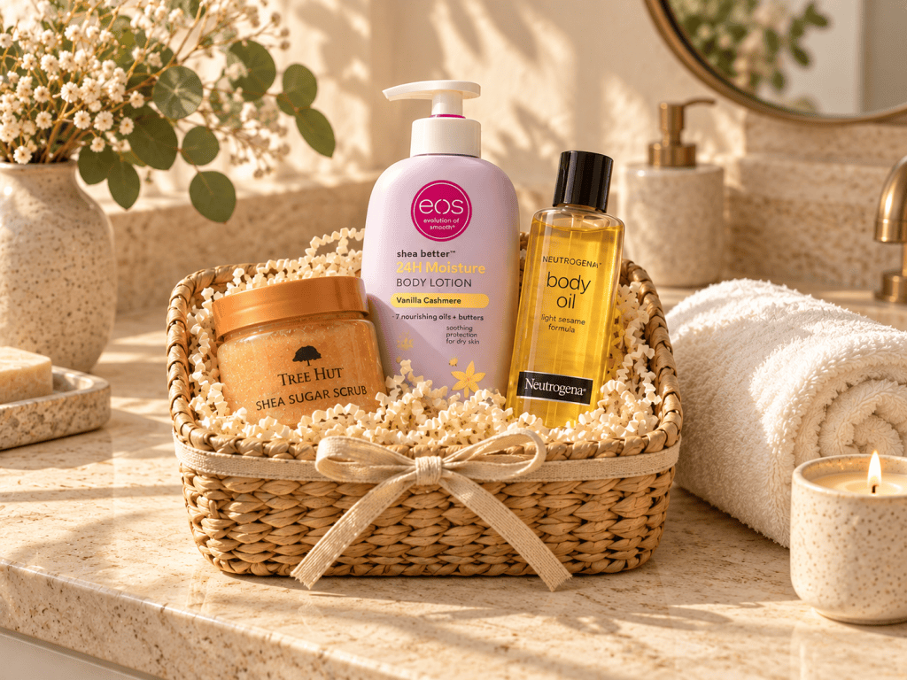 Tree Hut Shea Sugar Scrub, eos Shea Better Vanilla Cashmere Body Lotion and Neutrogena Body Oil in a woven gift basket on a bathroom counter with a towel and candle
