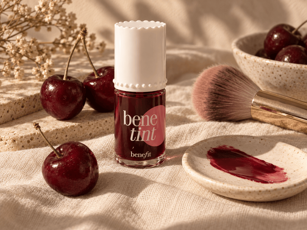 Benefit Benetint Lip & Cheek Stain in Dark Cherry next to fresh cherries, a blush brush and a swatch of the tint