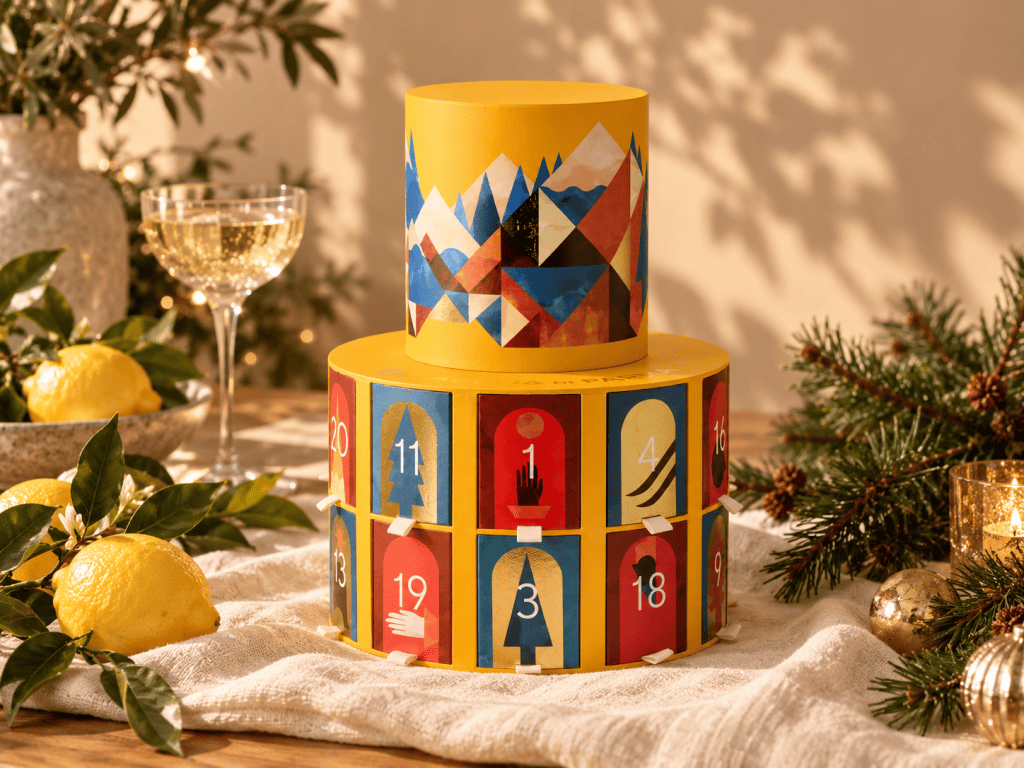 The Acqua di Parma advent calendar, a two-tier yellow drum with numbered doors, with lemons, pine branches and a glass of sparkling wine.