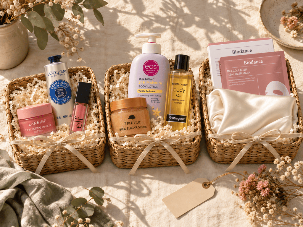 Three DIY beauty gift baskets with Laneige Lip Sleeping Mask, L’Occitane hand cream, e.l.f. lip oil, Tree Hut scrub, eos lotion, Neutrogena body oil, a Kitsch satin pillowcase and Biodance masks