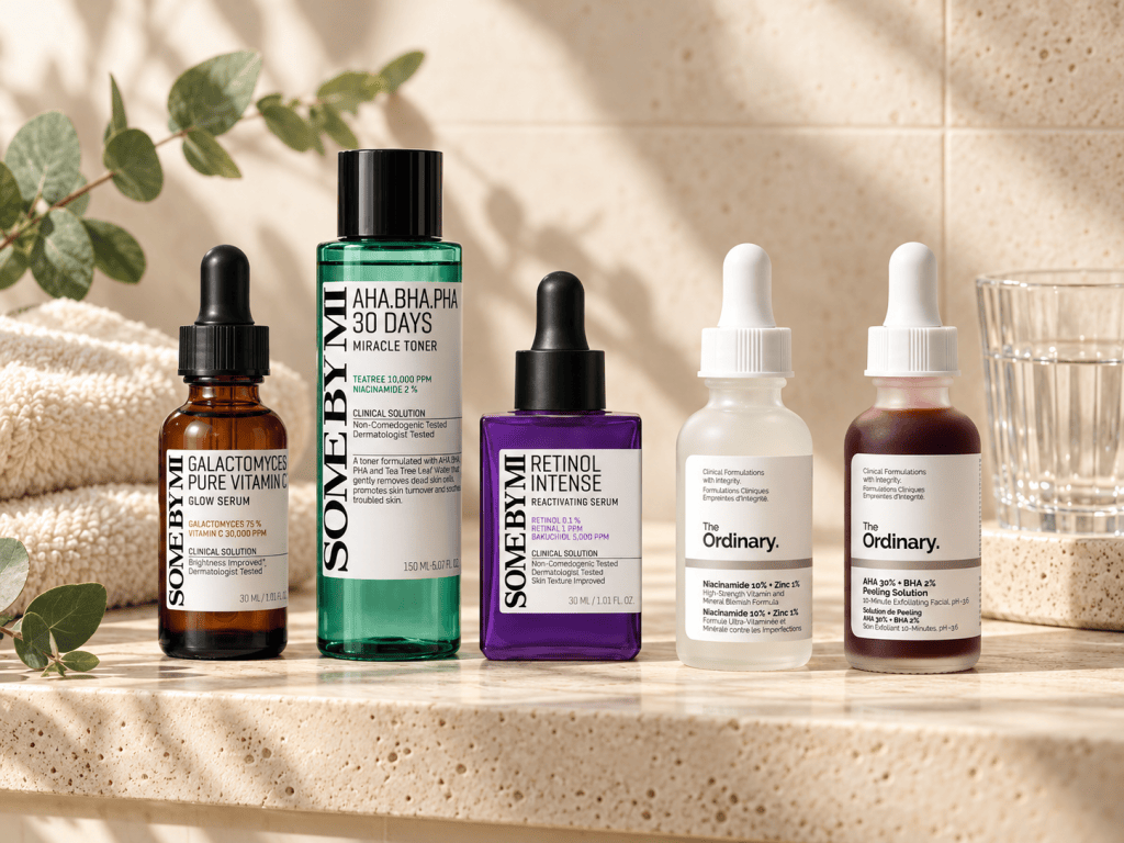 SOME BY MI vitamin C serum, AHA BHA PHA toner and retinol serum next to The Ordinary niacinamide and peeling solution on a beige bathroom shelf