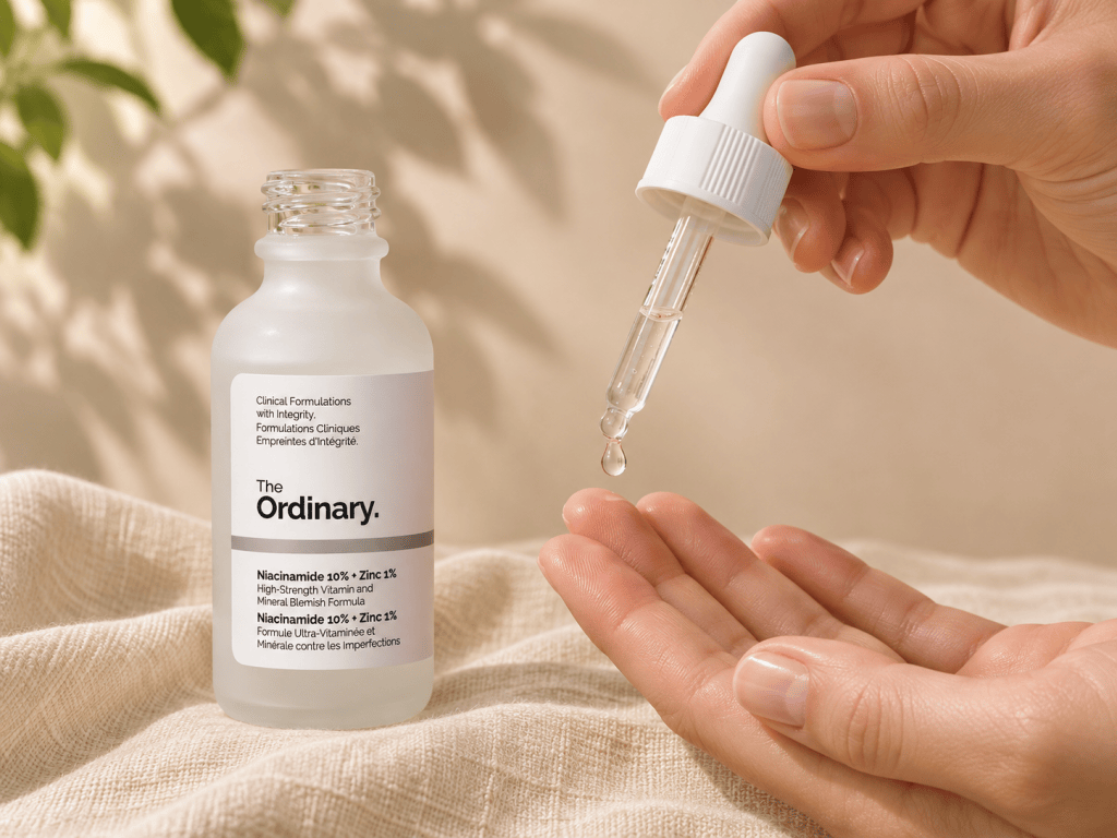 A hand holding the dropper of The Ordinary Niacinamide 10% + Zinc 1% over open fingertips, with the bottle on a linen cloth.