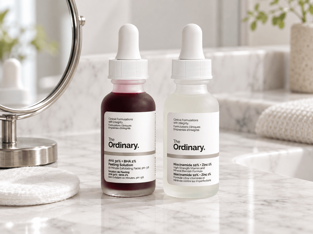 The Ordinary AHA 30% + BHA 2% Peeling Solution and Niacinamide 10% + Zinc 1% bottles on a white marble bathroom counter