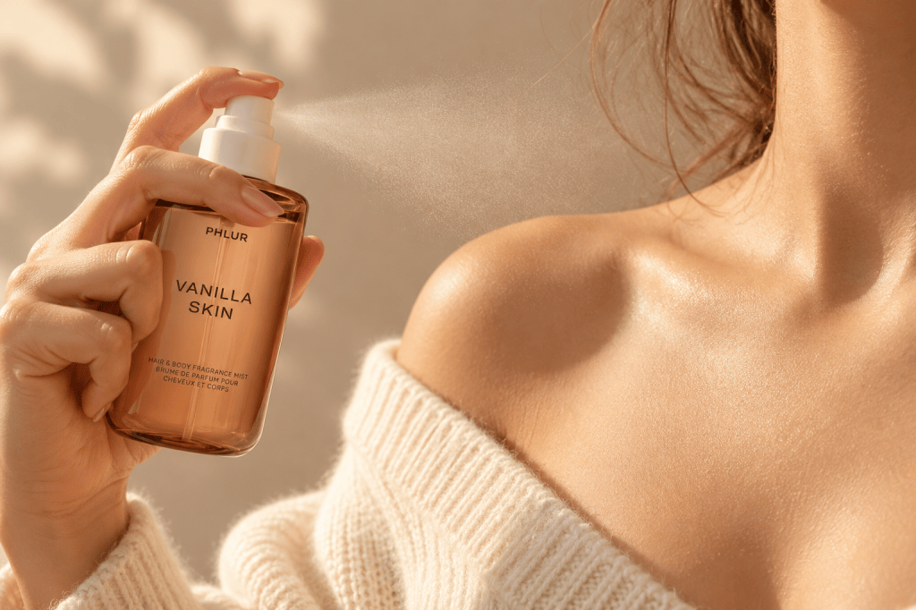 A woman in a cream off-shoulder sweater spraying PHLUR Vanilla Skin Hair & Body Mist toward her collarbone.
